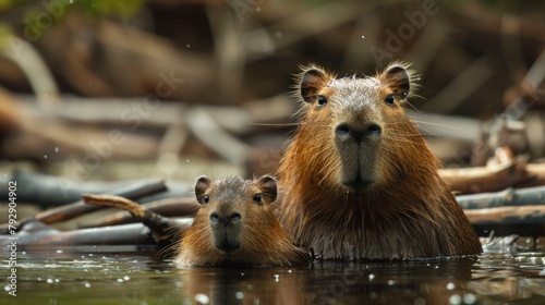 beautiful group of capybaras in a lake with day sticks in high resolution and quality