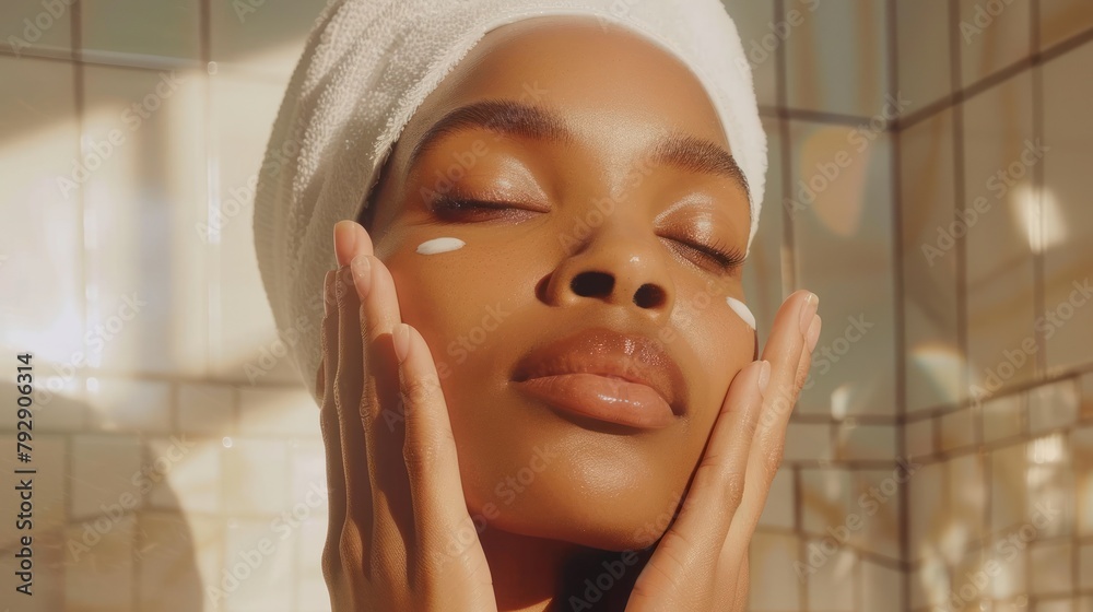 An elegant depiction of tranquility, with a woman facing a sun-drenched tiled wall, towel wrapped around her head An elegant depiction of tranquility, with a woman facing a sun-drenched tiled wall, towel wrapped around her head