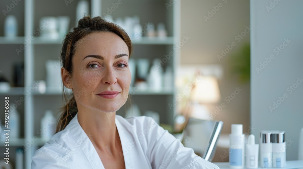Mature woman with a confident smile poses in front of shelves with skincare bottles and products