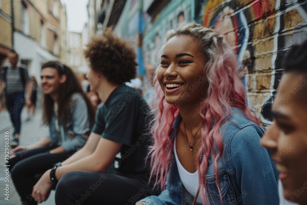 young pretty teenage hipster girls group in the city having fun happy smiling, lifestyle people concept