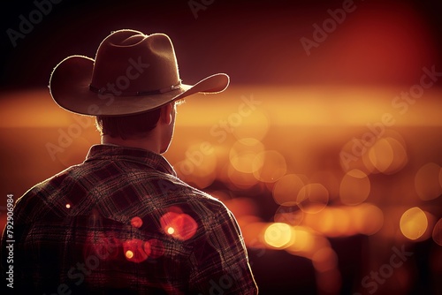 rugged cowboy herding cattle on a dusty plain, widebrimmed hat, sunset backdrop, western style, tough and traditional, open range photo