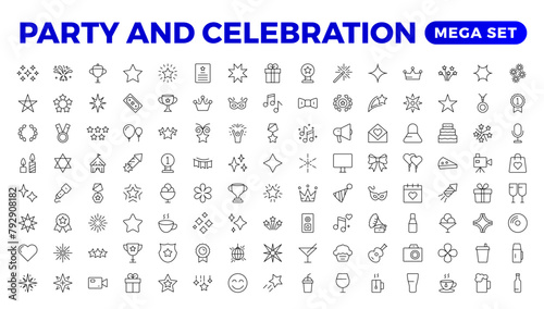Party celebration thin line icons set. Birthdays, holidays, events, festive. Basic party elements collection. Vector simple linear design bundle of thirty happy birthday flat style and lettering.