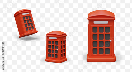 Realistic red telephone box, view from different sides. Bright symbol