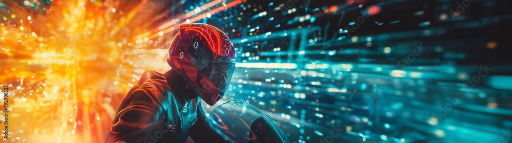Fototapeta premium Symbol Darstellung für Geschwindigkeit im WEB mit einem Motorradfahrer und Helm