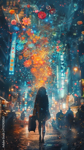 A businesswoman with a suitcase that emits mystical, glowing watercolor flowers as she walks through a bustling cityscape