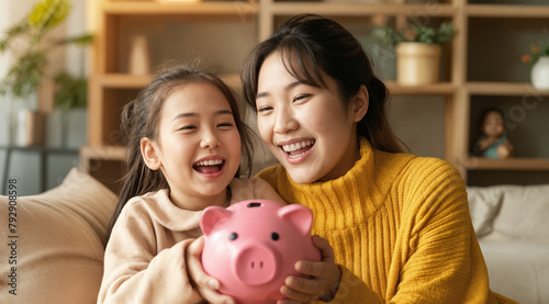 happy mother and daughter holding a pink piggy bank on a sofa, generative ai