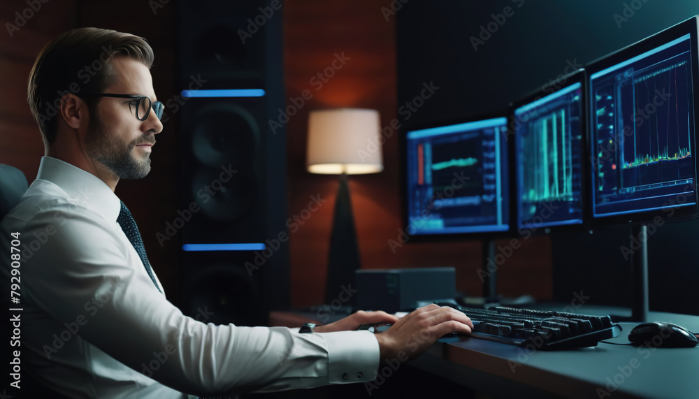 An experienced system administrator or consultant checks and saves backup copies of data at the workplace in a dark evening room. The concept of network technologies
