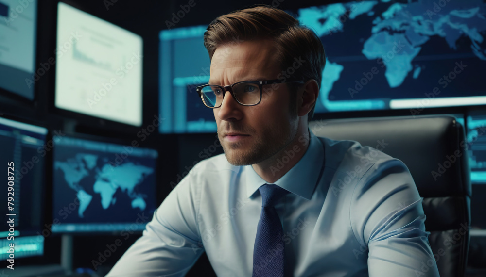 Fototapeta premium An experienced system administrator or consultant checks and saves backup copies of data at the workplace in a dark evening room. The concept of network technologies 