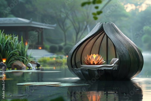 A floating lotus pod home on a tranquil pond, with petals that open at dawn