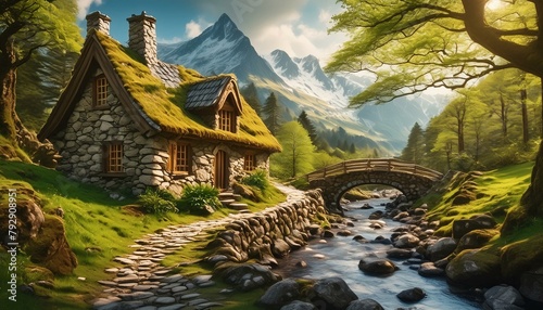Casa de pedra próxima de riacho em um ambiente mágico photo