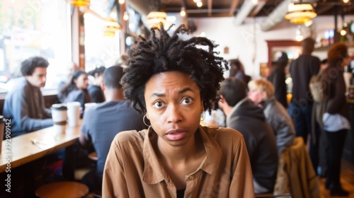 Surprised African American Woman in Busy Cafe Environment