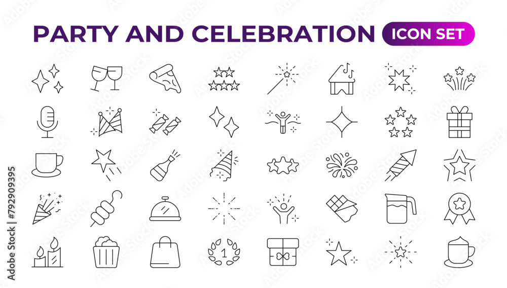 Party celebration thin line icons set. Birthdays, holidays, events, festive. Basic party elements collection. Vector simple linear design bundle of thirty happy birthday flat style and lettering. Party celebration thin line icons set. Birthdays, holidays, events, festive. Basic party elements collection. Vector simple linear design bundle of thirty happy birthday flat style and lettering.