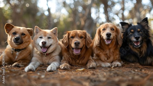 Happy dogs and cats in park smiling at camera on sunny day. Concept Pets, Photography, Outdoor, Portraits, Happiness