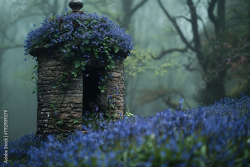 A vinecovered tower in a field of bluebells, where each ring of the bell produces a new bloom photo