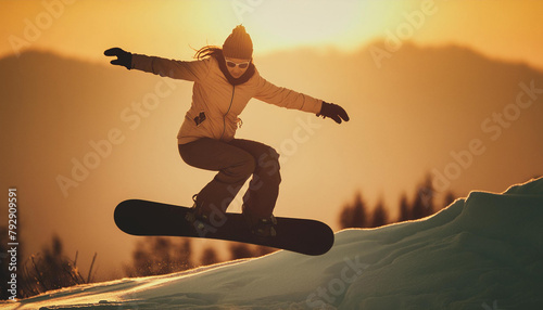 Thrilling Winter Action: Snowboarder Performing a Mid-Air Trick on a Snowy Hill, Capturing the Adrenaline and Beauty of Winter Sports