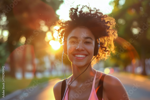 A young athletic woman joyfully immerses herself in music, wearing headphones as she basks in the glow of the sunset. © AI_images