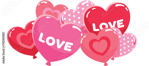 pink and red heart-shaped balloons with white dots and love written, Valentine's Day vector graphics, ideal for greeting cards, stickers, tags, sublimation, scrapbooking, decorations