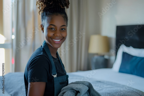 A young happy Afro-American housekeeper cleans the hotel room with a bright smile, adding a sense of warmth to the environment.