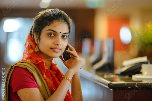 An attentive Indian receptionist answers a phone call with a helpful attitude while efficiently managing tasks at the hotel front desk.