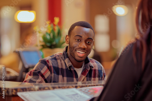 An upbeat African American man discusses his stay with the hotel receptionist, maintaining a friendly demeanor while completing registration paperwork at the front desk.