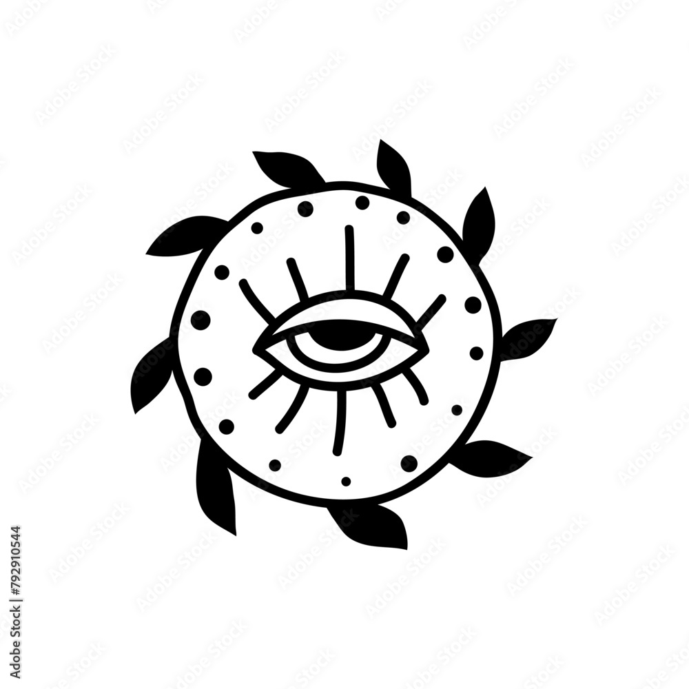 Eye boho. Lineart Vector illustration. Flower moon , Magic celestial witchcraft symbol. Masonic symbol. Hand drawn logo or emblem Eye boho. Lineart Vector illustration. Flower moon , Magic celestial witchcraft symbol. Masonic symbol. Hand drawn logo or emblem