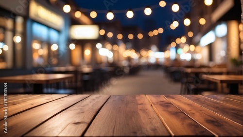 Empty Wooden Tabletop Illuminated by Bokeh Lights, Set against a Blurred Urban Eatery Scene