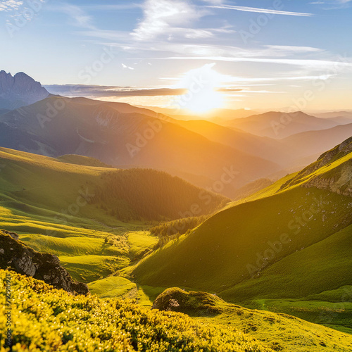 Serene Sunset: Majestic Mountains and Lush Green Hillside Bathed in Vibrant Colors, Capturing the Breathtaking Beauty of Nature's Glowing Sky