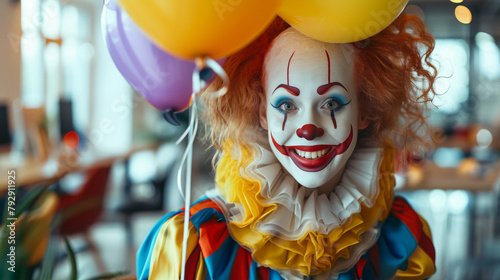 A clown with colorful hair, makeup, and costume, holding a bunch of balloons, stands in front of a room with a dining table visible in the background.
