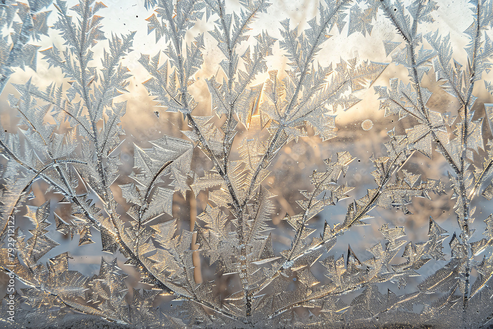 Obraz premium Frost forms intricate patterns on a windowpane during an early winter morning - the cold air crafting a mesmerizing natural artwork
