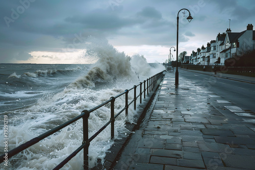 A storm surge flooding a coastal promenade photo