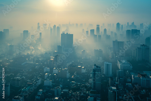 Smog envelops a cityscape - casting a haze over buildings and streets - reducing visibility and impacting the respiratory health of its residents