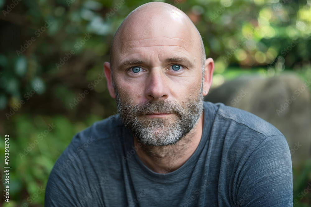 A man with a bald head and gray hair is wearing a gray shirt A man with a bald head and gray hair is wearing a gray shirt