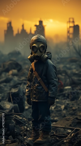 A child with a gas mask looks on in a severe landscape, a powerful image of adaptation to extreme environmental conditions