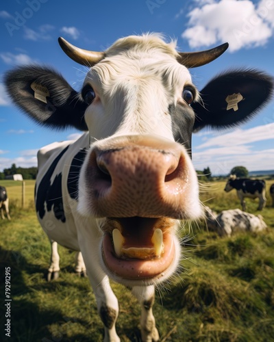 A cow, standing in a lush green pasture, turns its head and cheekily sticks out its tongue, making for a charming photo op photo
