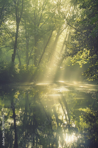 A tranquil landscape photograph depicting a peaceful scene of nature  with soft sunlight filtering through the trees and reflecting off a calm body of water. 
