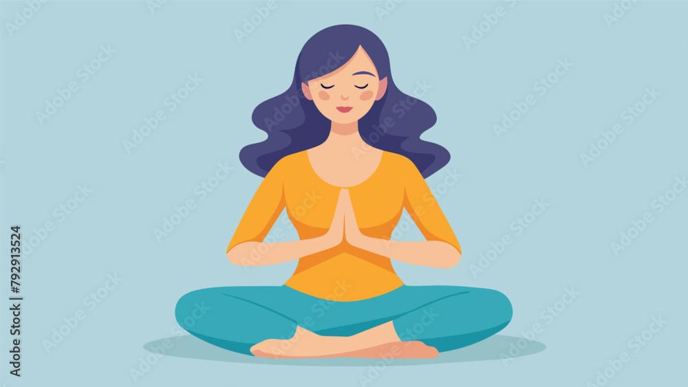 A woman meditating with her eyes closed hands resting on her stomach as she focuses on deep breathing to calm her financial worries.