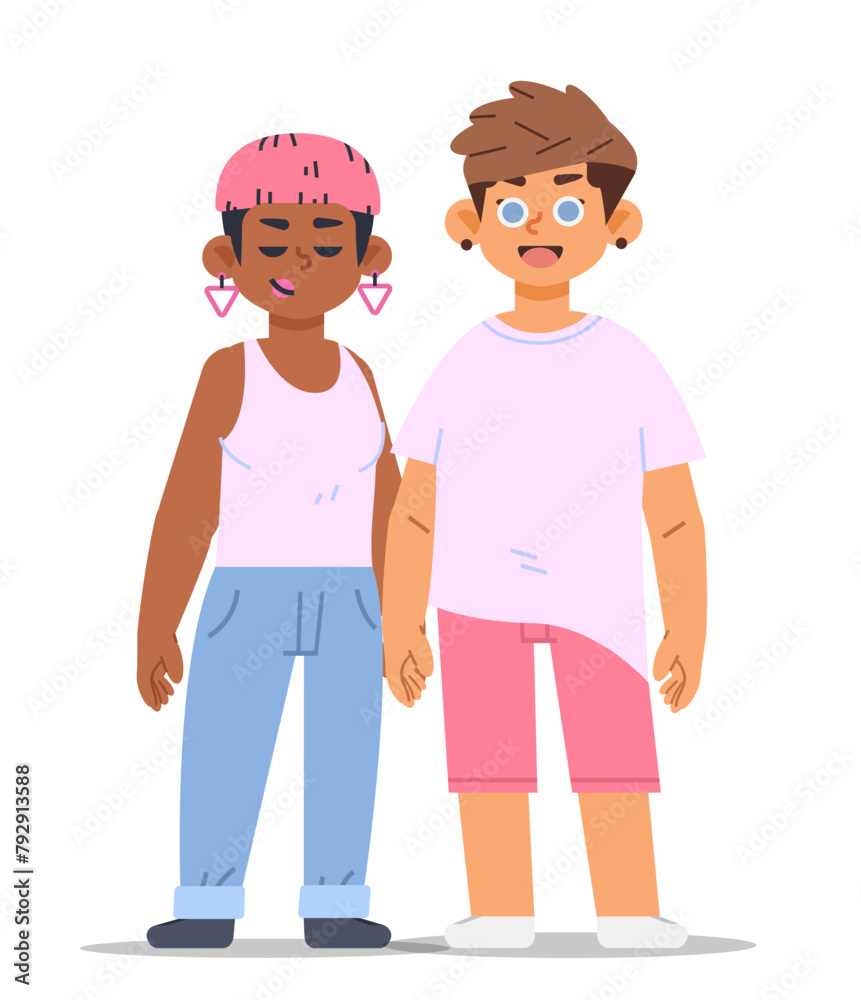 Non-binary happy couple stand together. Cartoon vector illustration on isolated background Non-binary happy couple stand together. Cartoon vector illustration on isolated background