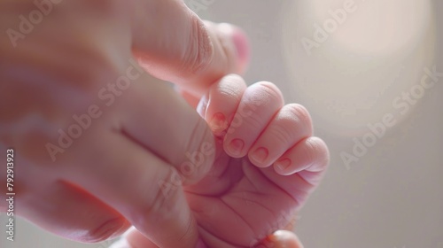 Close-up of a mother's hand holding her newborn's tiny fingers