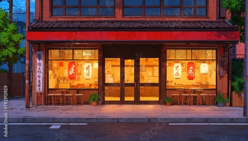 japanese restaurant facade in landscape anime cartoon illustration from Generative AI
