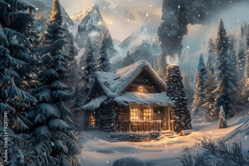 Cozy cabin in the snowy forest with smoke rising from the chimney photo