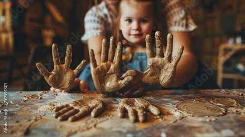 Mother and her kids making handprints in clay, capturing a moment in time