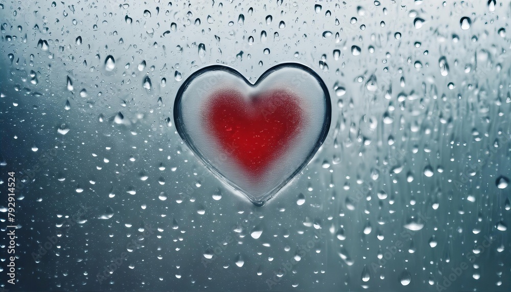 heart is shown in a window with raindrops on it
