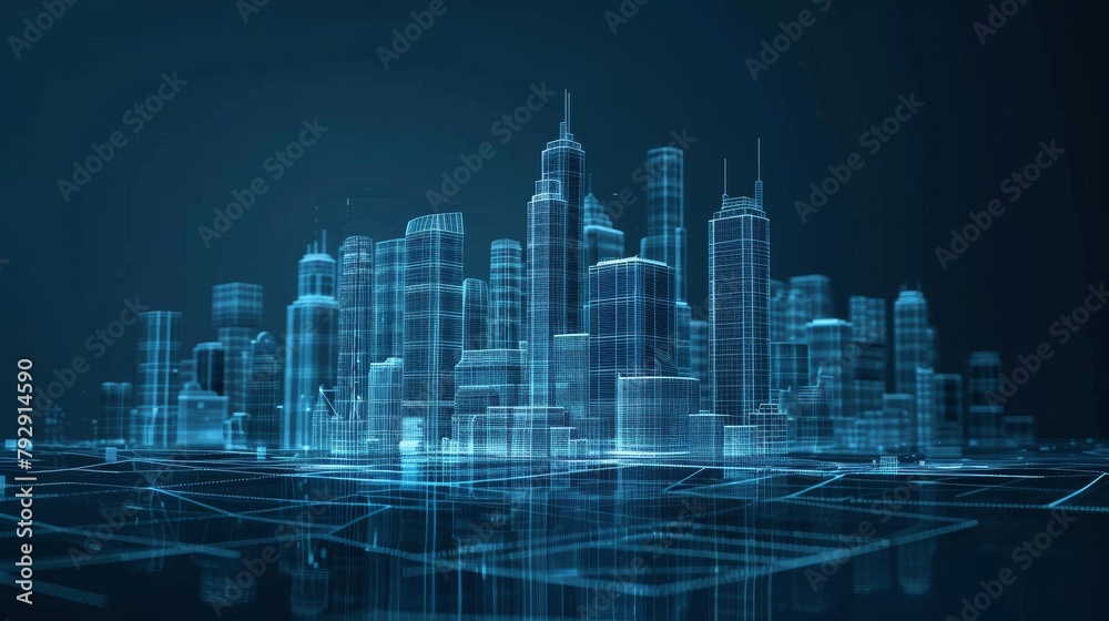 Cityscape wireframe in futuristic style of a smart city or digital city.