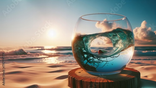glass bowl filled with water and a tree branch on a beach