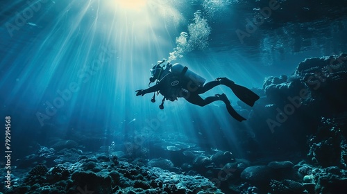 Underwater photographer videographer scuba dives in the sea. underwater photography and videography concept photo