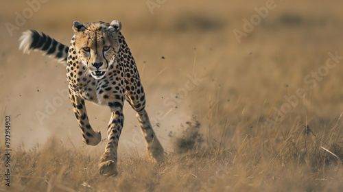 Embark on an exhilarating journey across the African grasslands with this breathtaking extreme close-up shot capturing the lightning-fast sprint of a majestic cheetah. The image zooms in on the sleek 