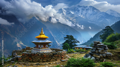 Buddhist stupa in Namche Bazar village in Himalayas 