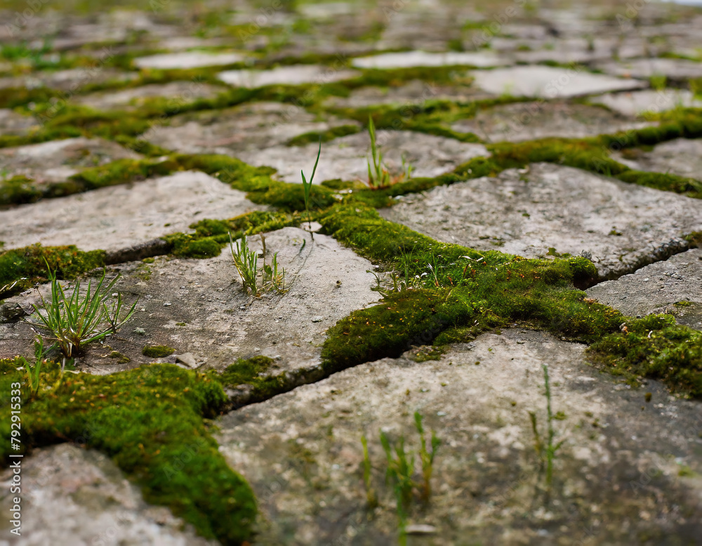 Pavement ground covered with moss and grass, close-up, full frame photo Pavement ground covered with moss and grass, close-up, full frame photo