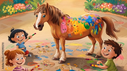 Horse in the garden drawing with crayons by children