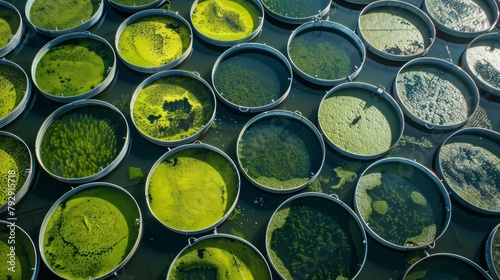 Rows of cylindrical tanks line the coast each one filled with a different type of algae. These tanks are part of a largescale operation to cultivate and harvest algae which will then . photo